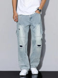Men's Light Blue Ripped Jeans, Loose Straight Leg, All Season Wear