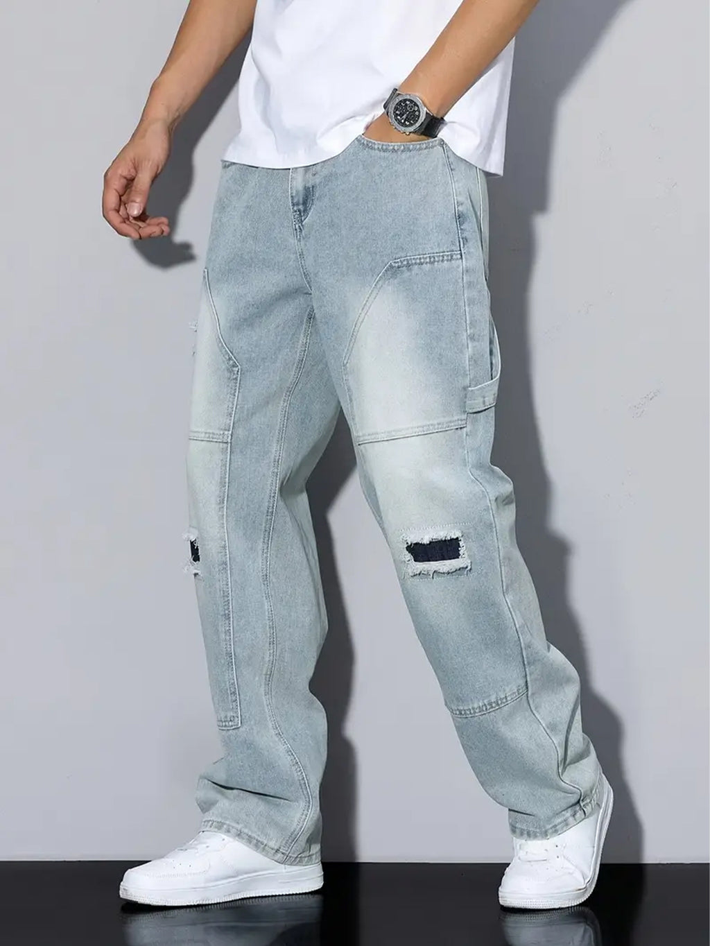 Men's Light Blue Ripped Jeans, Loose Straight Leg, All Season Wear