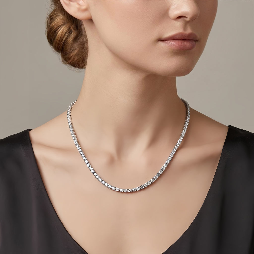 925 Sterling Silver Elegant Double-Strand CZ Necklace with Central Pendant