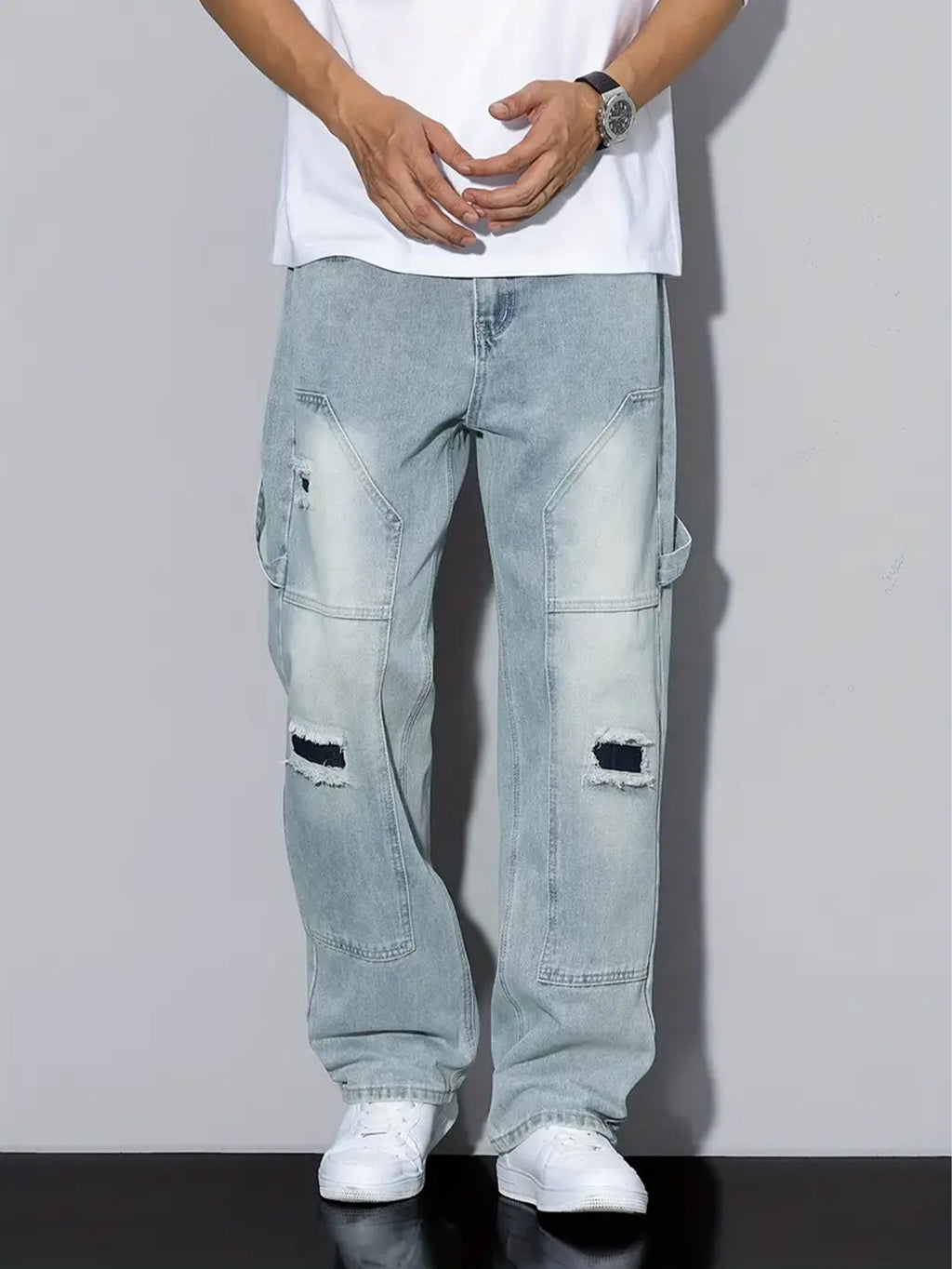 Men's Light Blue Ripped Jeans, Loose Straight Leg, All Season Wear