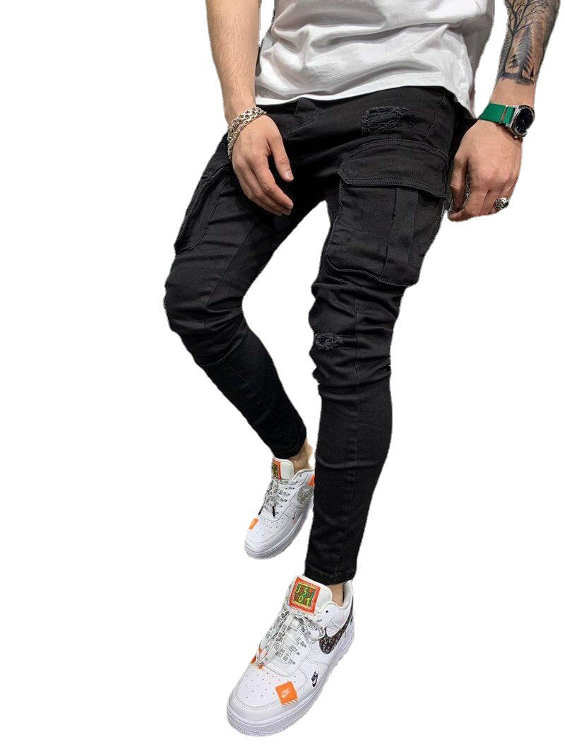 Men's Skinny Multi Pocket Ripped Cargo Jeans