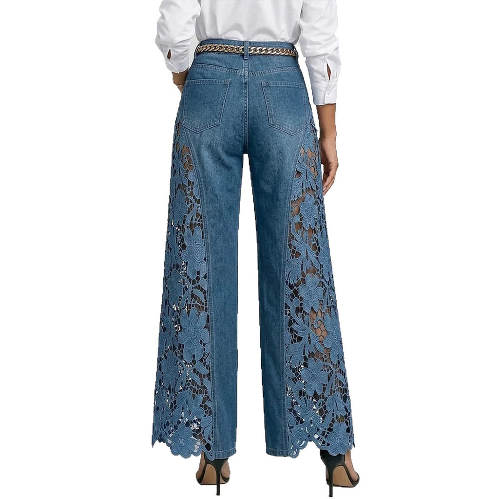 High-waisted Wide-leg Pants Womens Lace-panelled Jeans