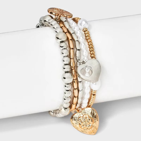 Heart Charm And Pearl Beaded Bracelet 5pc Set-Gold