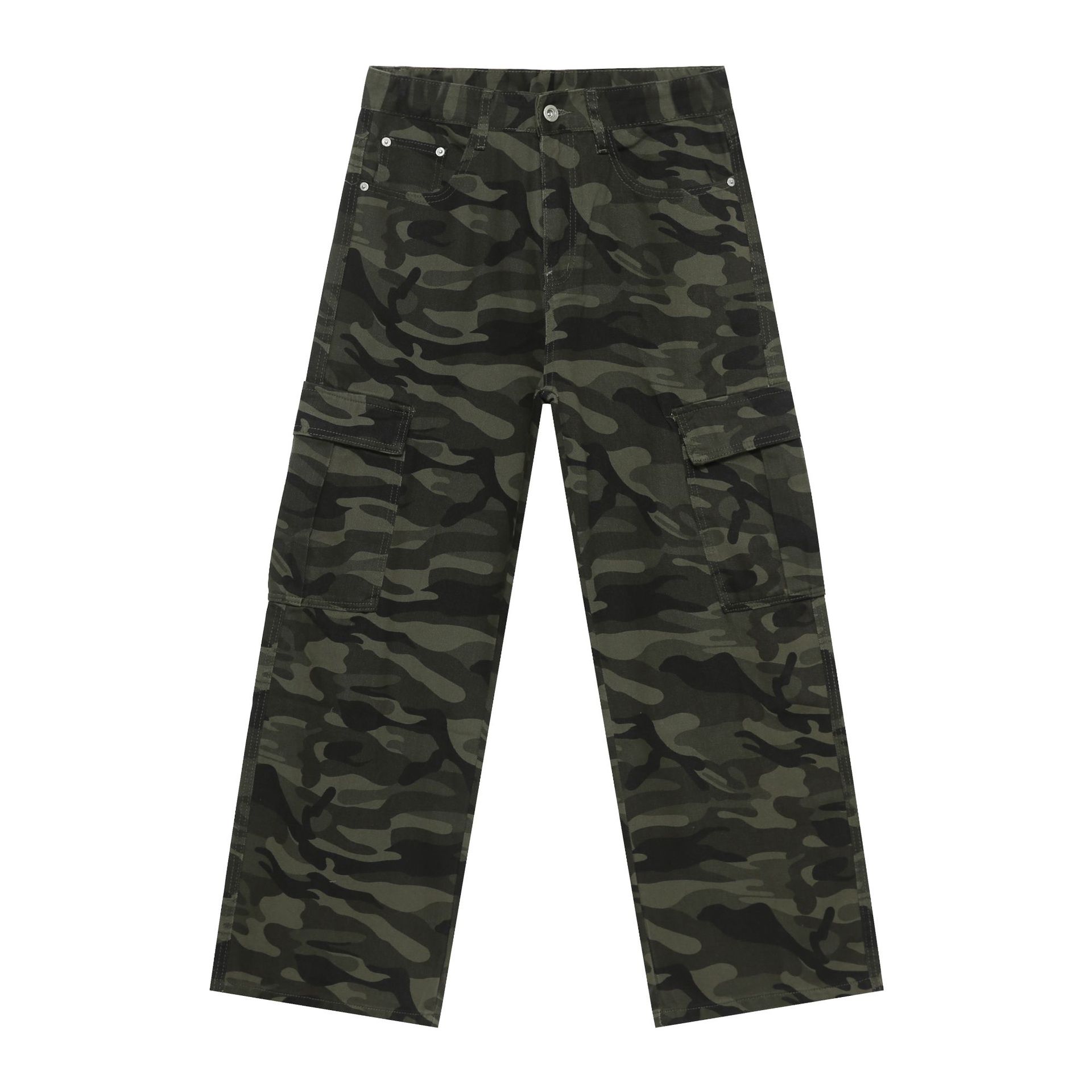 Mens Retro Camo Cargo Denim Jeans With Big Pockets