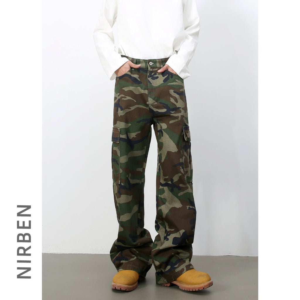 Mens Retro Camo Cargo Denim Jeans With Big Pockets