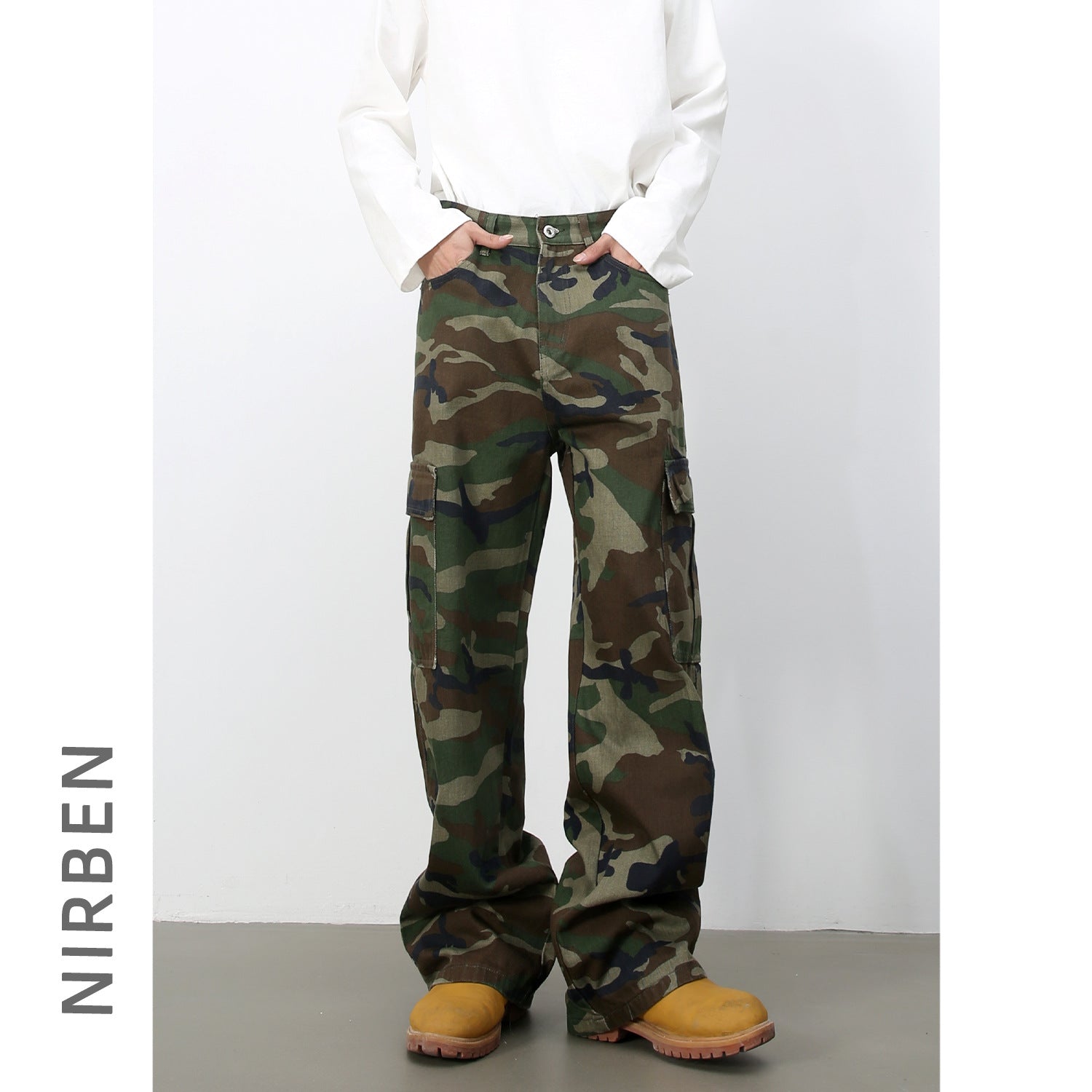 Mens Retro Camo Cargo Denim Jeans With Big Pockets