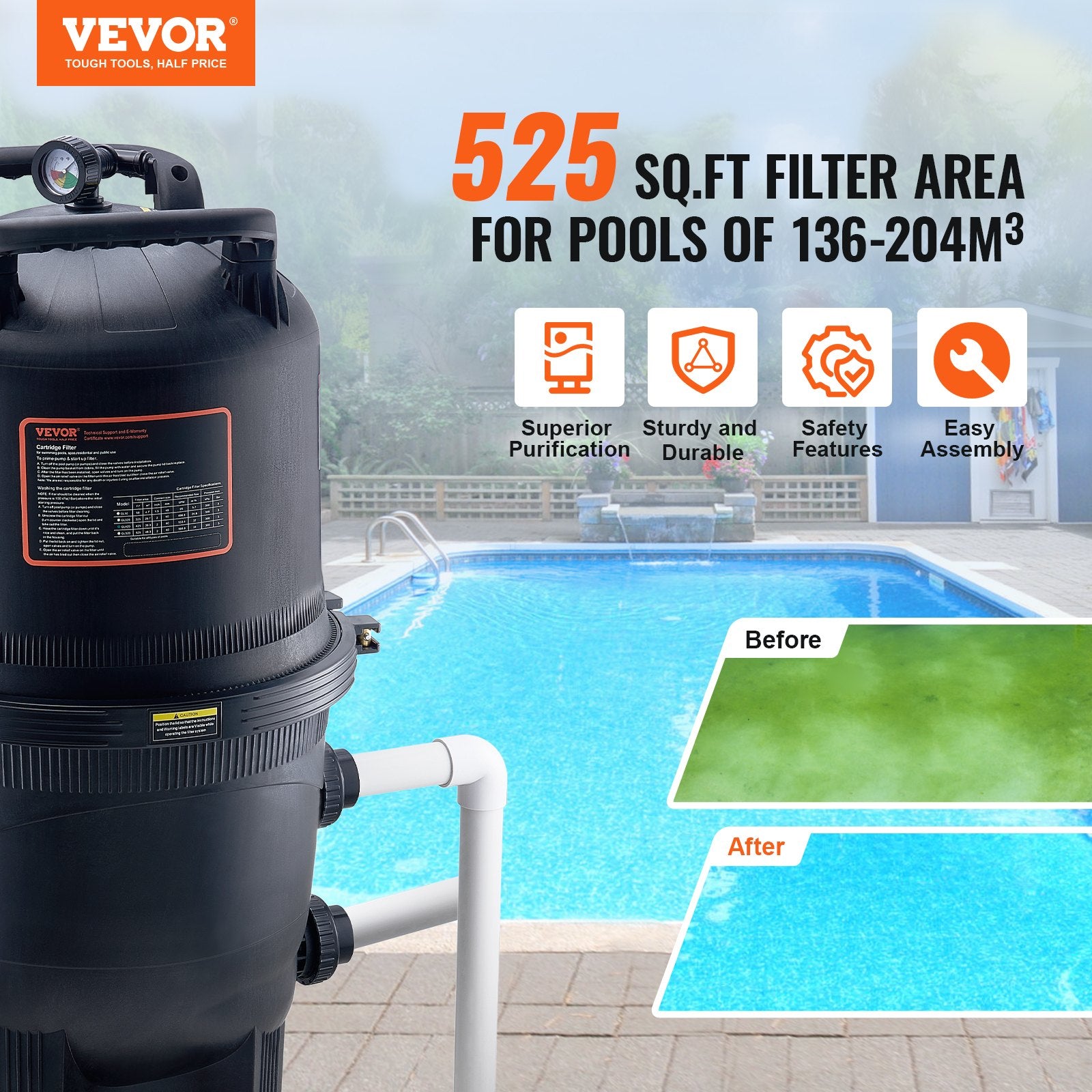Cartridge Pool Filter, 49 Sq.m Filter Area Inground Pool Filter, Above Ground Swimming Pool Filtration Filter System With Upgrade Filter &Leak-proof, For Hot Tubs, Spa, I nflatablePool
