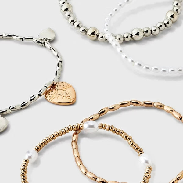 Heart Charm And Pearl Beaded Bracelet 5pc Set-Gold