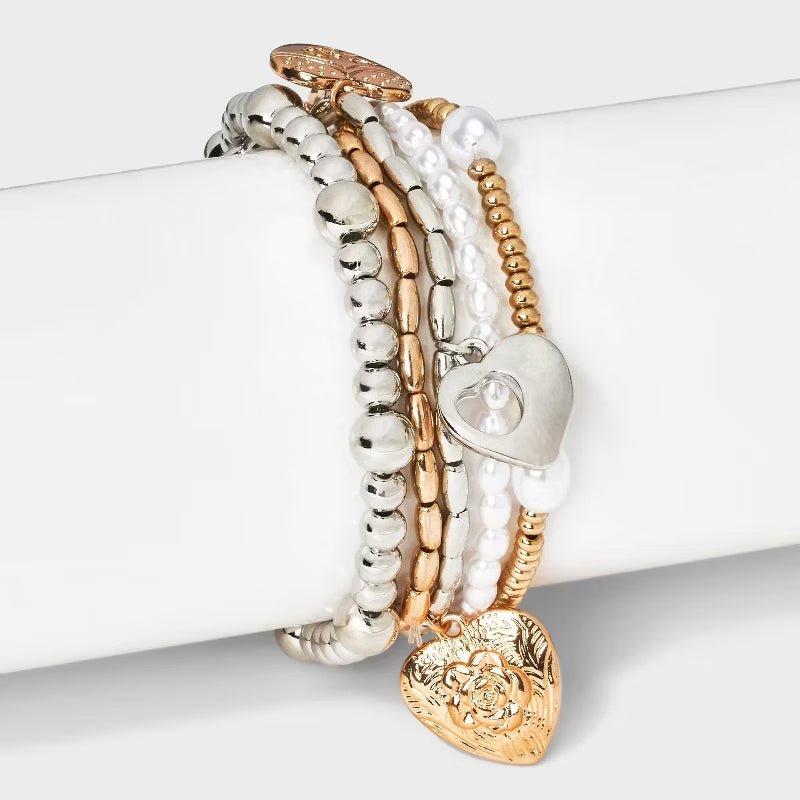 Heart Charm And Pearl Beaded Bracelet 5pc Set-Gold