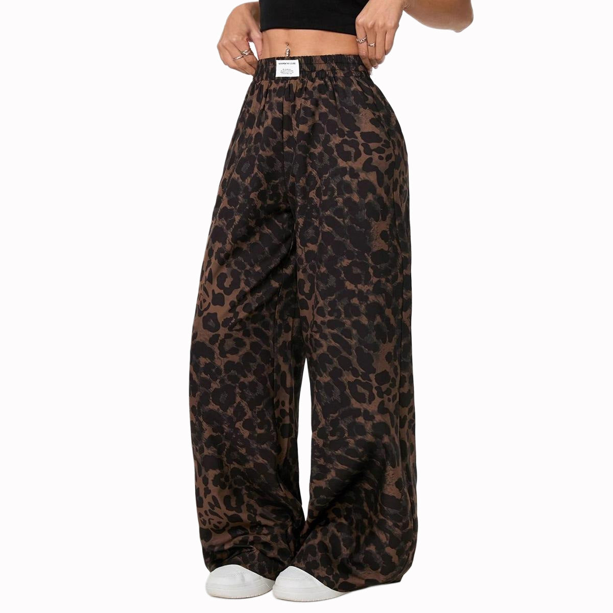 Loose-fitting Casual Pants With A Printed Leopard Pattern And An Elastic Waistband