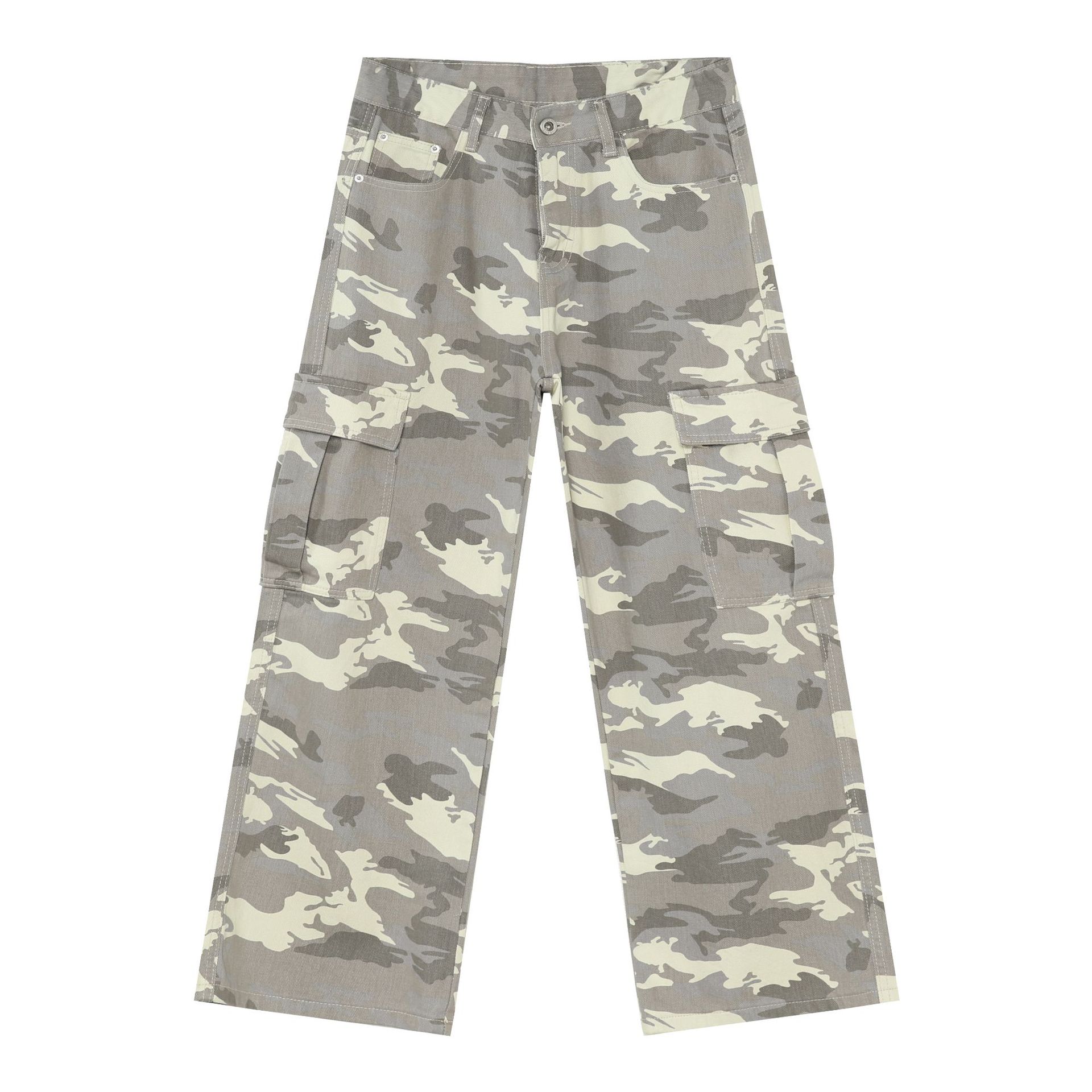Mens Retro Camo Cargo Denim Jeans With Big Pockets