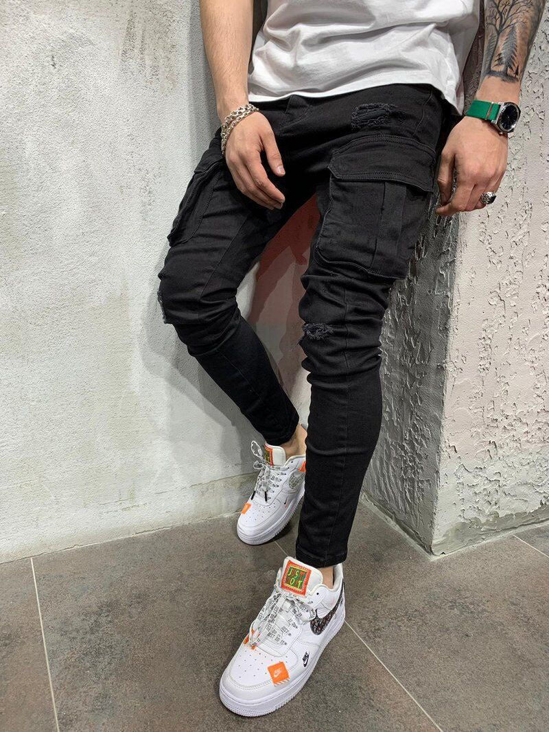 Men's Skinny Multi Pocket Ripped Cargo Jeans