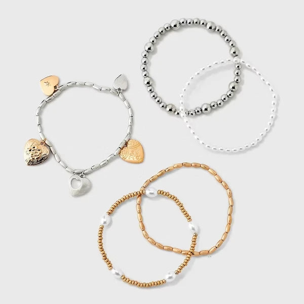 Heart Charm And Pearl Beaded Bracelet 5pc Set-Gold