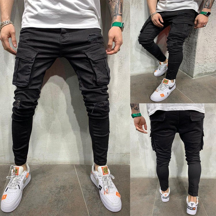 Men's Skinny Multi Pocket Ripped Cargo Jeans