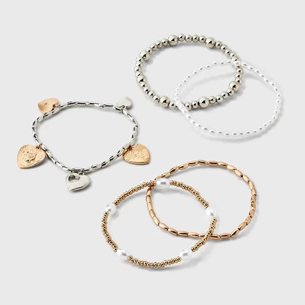 Heart Charm And Pearl Beaded Bracelet 5pc Set-Gold