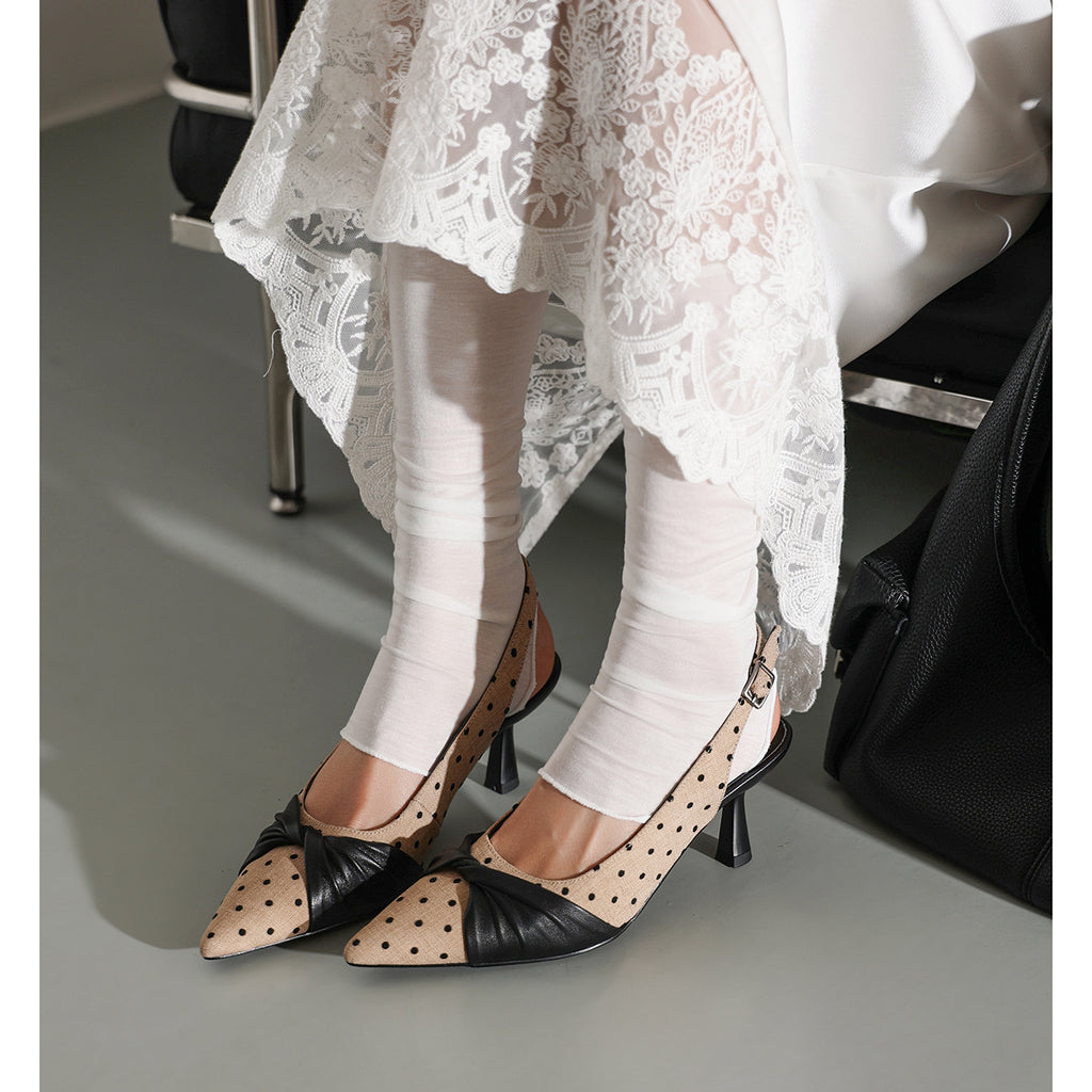 Women's Polka Dot Slingback Heels, Pointed Toe Genuine Lambskin Slingback Pumps