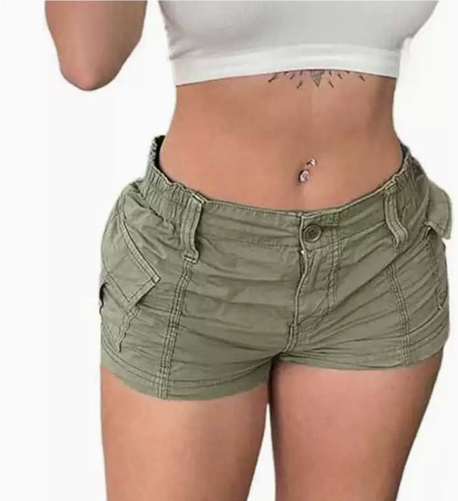 Leisure Cargo Woven Pants Elastic Waist Button Asymmetric Pocket Solid Color Low Waist Shorts