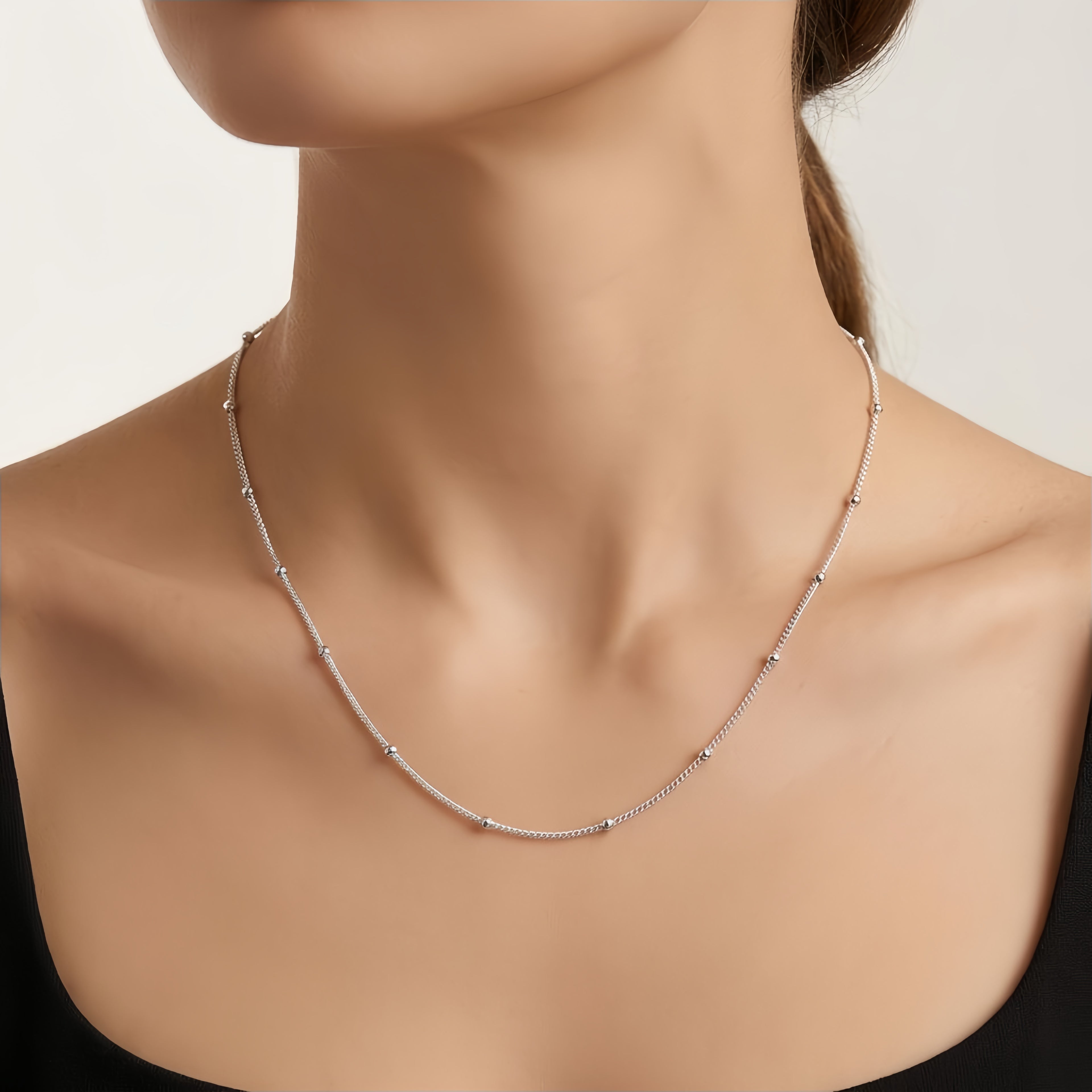925 Sterling Silver Italian-Made 14K White Gold Bead-Accented Chain Necklace